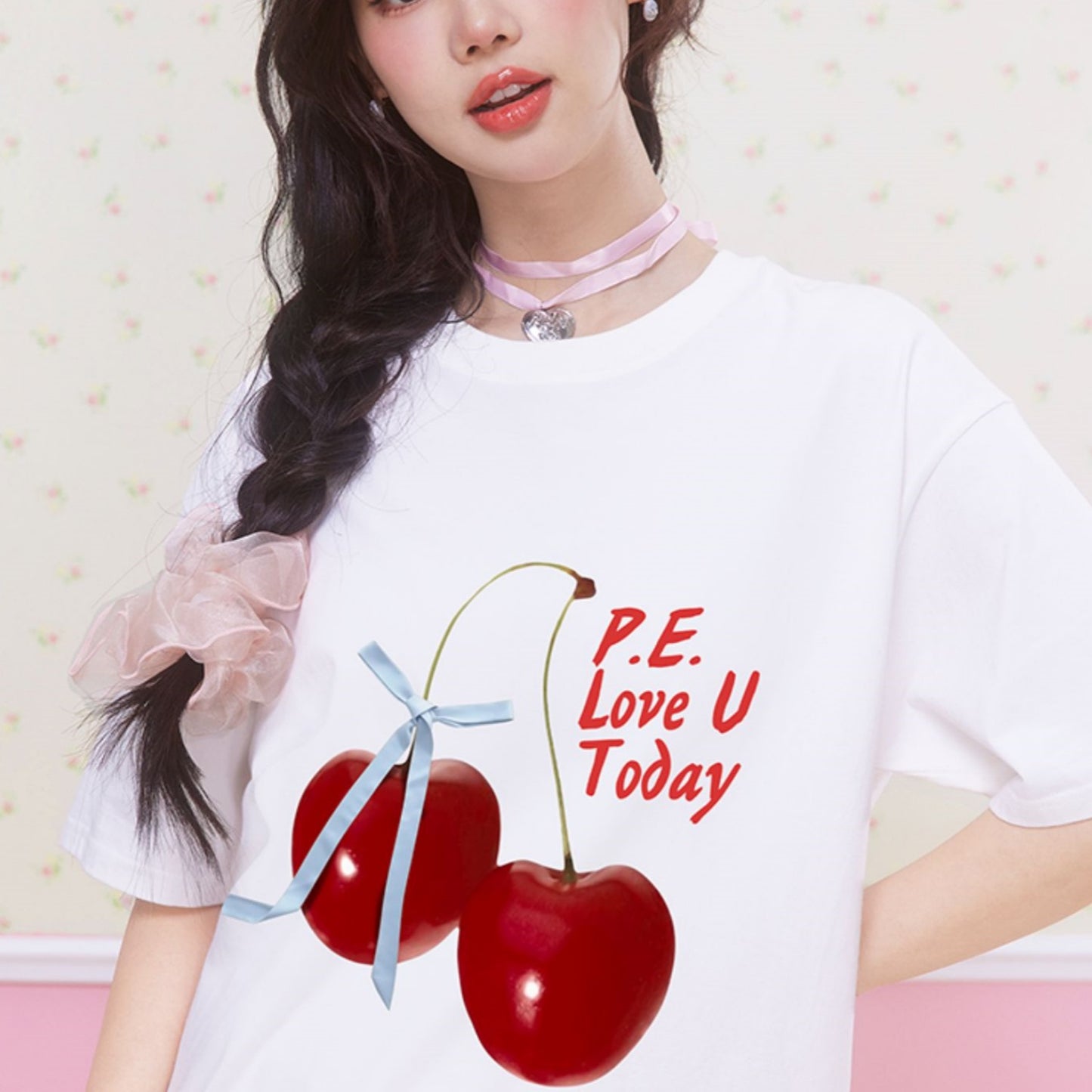Women's Graphic Tee - Short Sleeve Cherry Bow Letter Print Round Neck T-Shirt - Summer Dopamine Top - Colorful & Playful Style