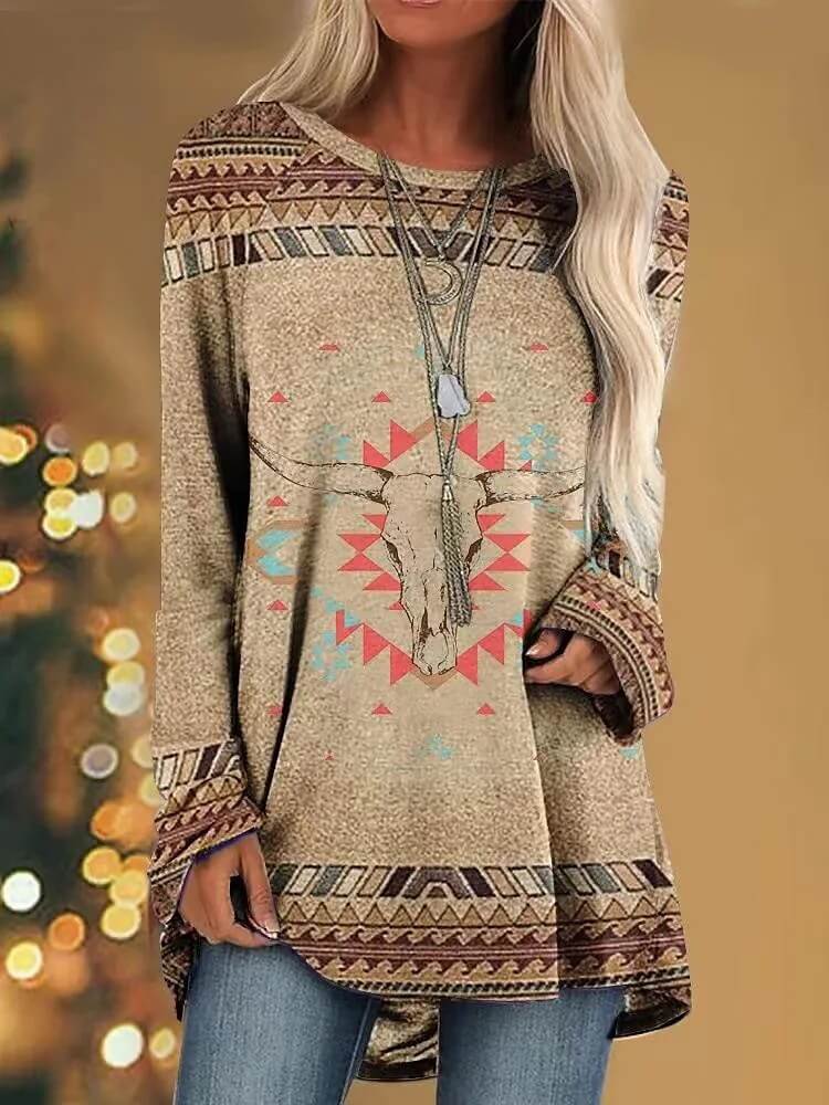 Printed Loose Long Sleeve Round NeckT-Shirt