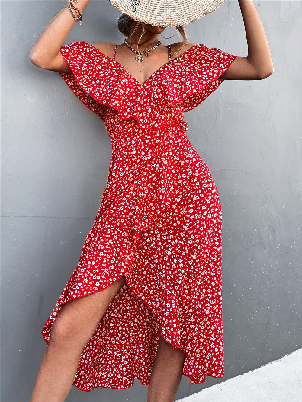 2025 Women's Summer Floral Maxi Dress with Lotus Leaf Sleeves, Sexy Backless Design with Slit - Perfect for Effortless Elegance