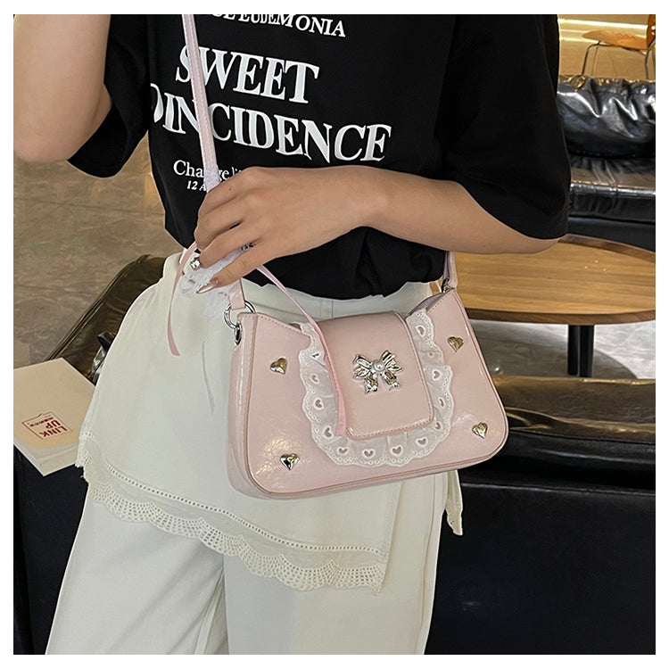 Sweet Spring - Summer PU Leather Handbags: Y2K Lace - Trimmed Bowknot Underarm Bags for Women
