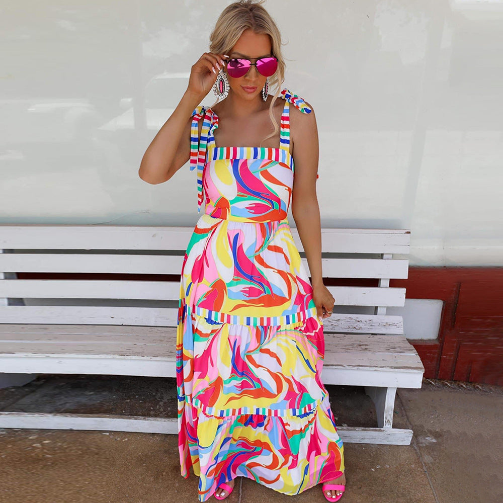Colorful Casual Summer Dress for Women 2025 Vacation Sling Square - Neck Beach Dress