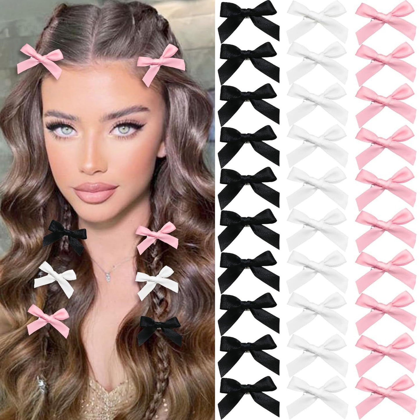30 PCS 4cm Bow Hair Clips-Ballet Ribbon Dopamine Sweet Hairpins, Small Cute Accessories for Girls & Women | Parties | Weddings | Dopamine Dressing,Pink&Black&White