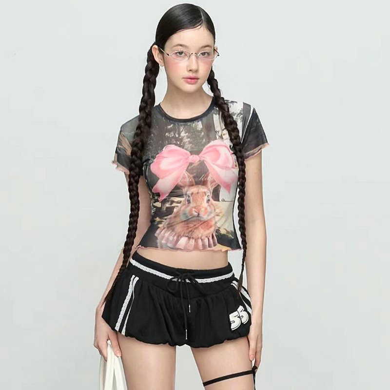 Easter Bow Bunny T-shirt Y2K Mesh Exposed Navel Short Sleeve🎀🐰