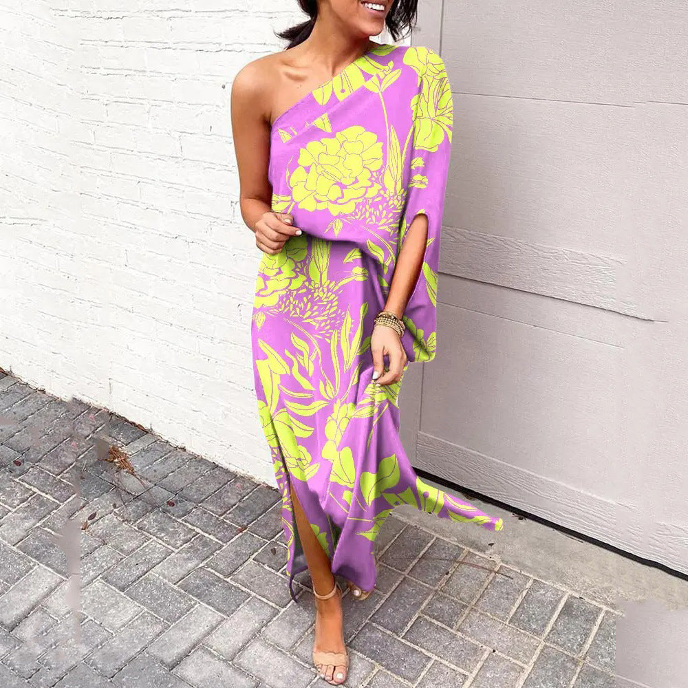 One Shoulder Maxi Dresses for Women 2025 Vacation Print Asymmetrical Flowy Boho Beach Wedding Guest Dresses