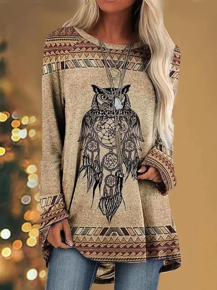 Printed Loose Long Sleeve Round NeckT-Shirt