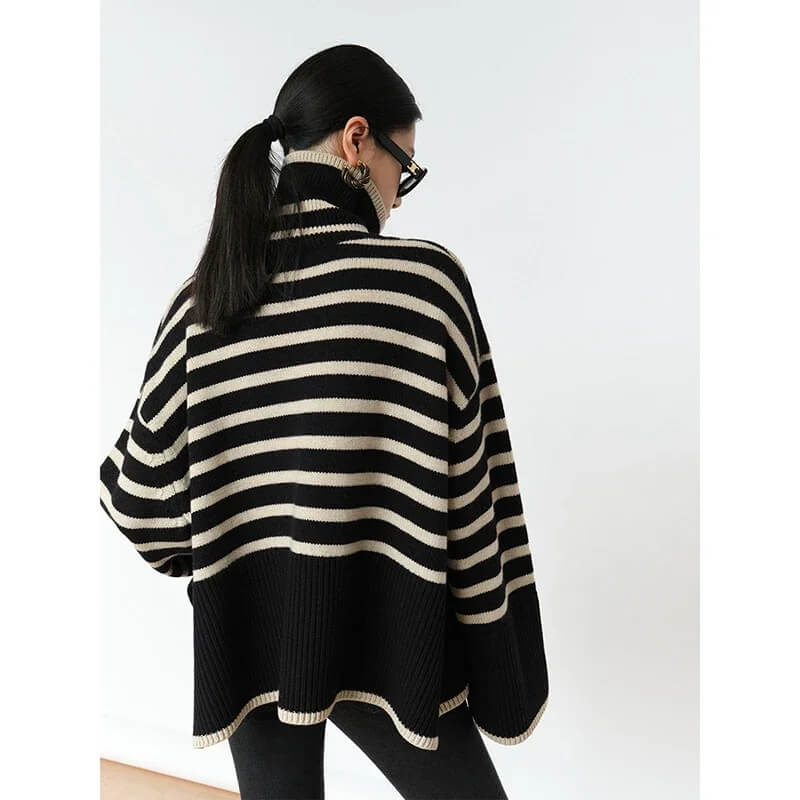 Winter Turtleneck Side Slit Stripe Stitching Pullover Sweater