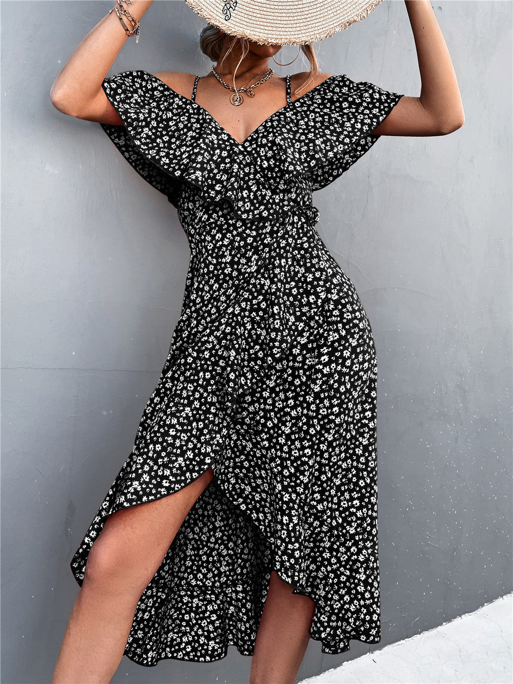 2025 Women's Summer Floral Maxi Dress with Lotus Leaf Sleeves, Sexy Backless Design with Slit - Perfect for Effortless Elegance