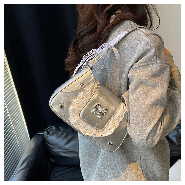 Sweet Spring - Summer PU Leather Handbags: Y2K Lace - Trimmed Bowknot Underarm Bags for Women