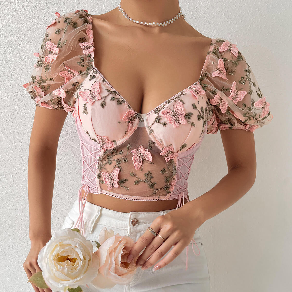 Butterfly Embroidery Backless Mesh Camisole