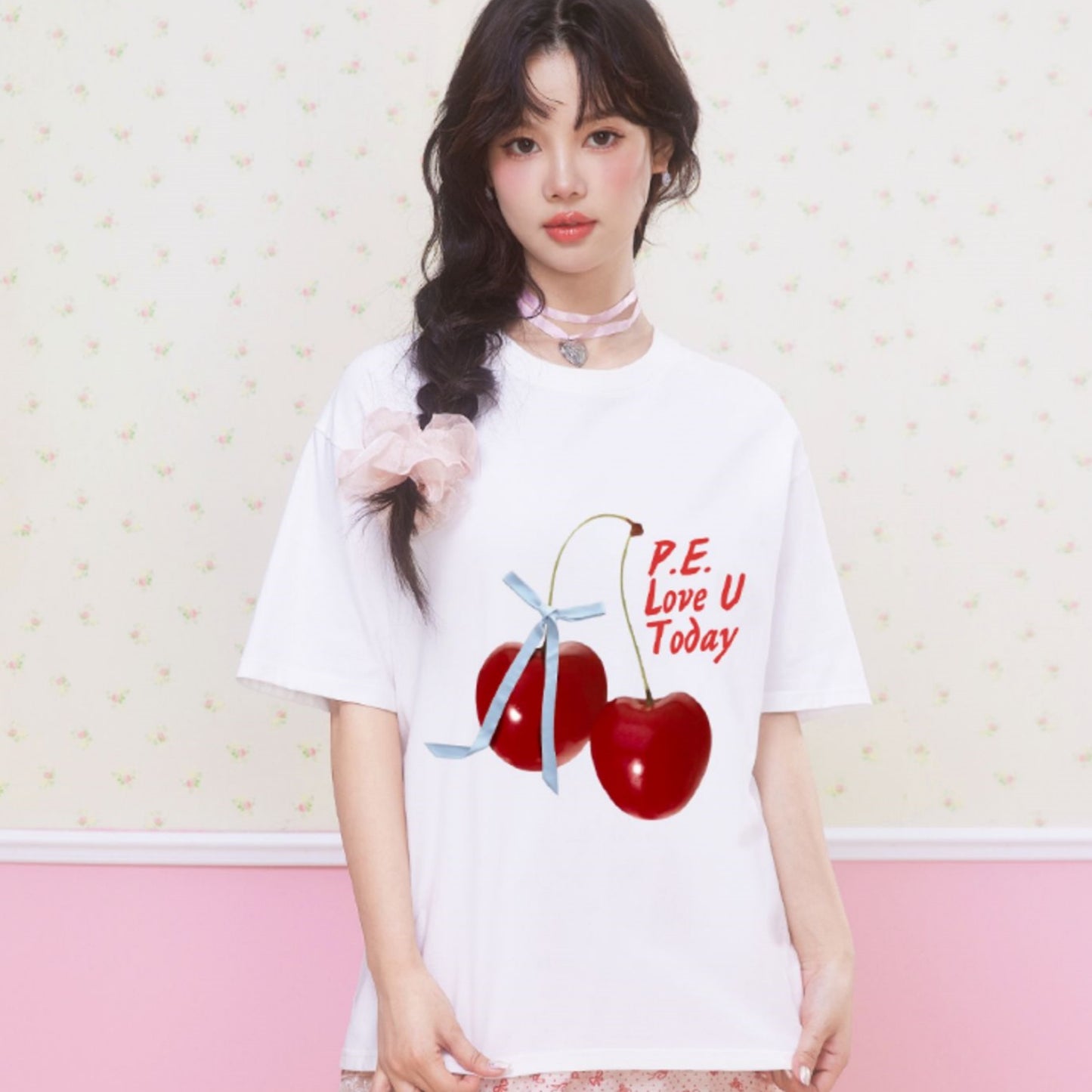 Women's Graphic Tee - Short Sleeve Cherry Bow Letter Print Round Neck T-Shirt - Summer Dopamine Top - Colorful & Playful Style