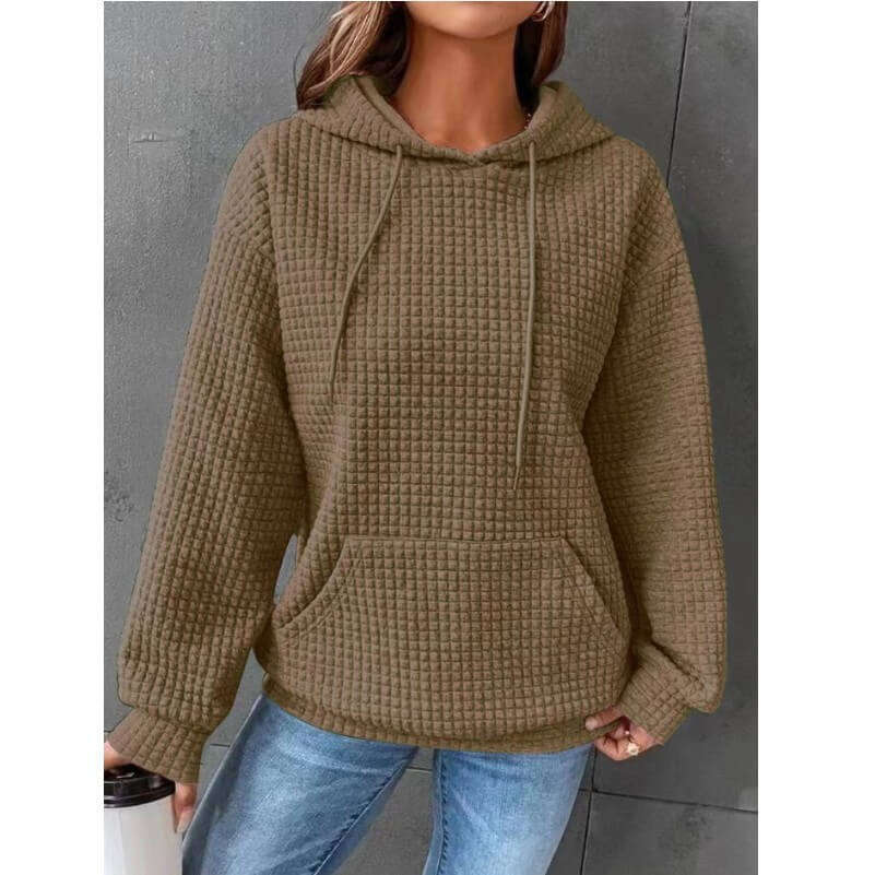Solid Color Waffle Round Neck Long Sleeve Sweatshirt