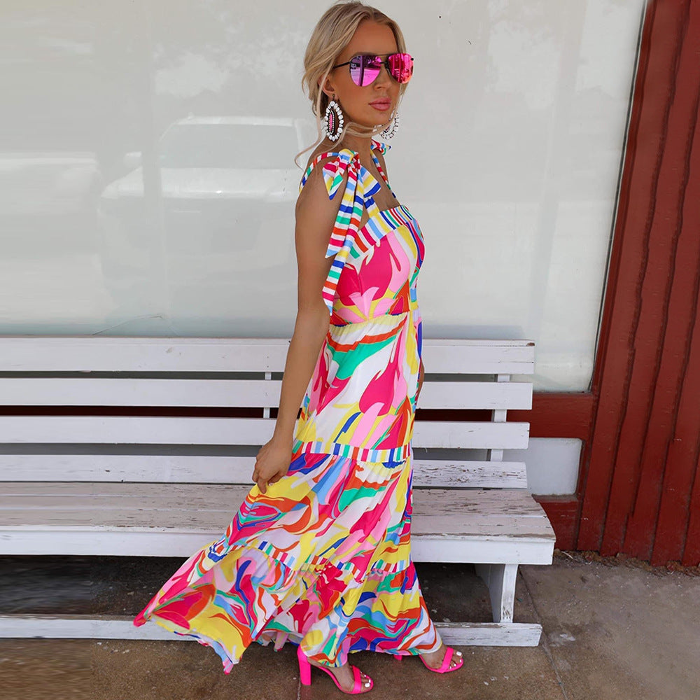 Colorful Casual Summer Dress for Women 2025 Vacation Sling Square - Neck Beach Dress