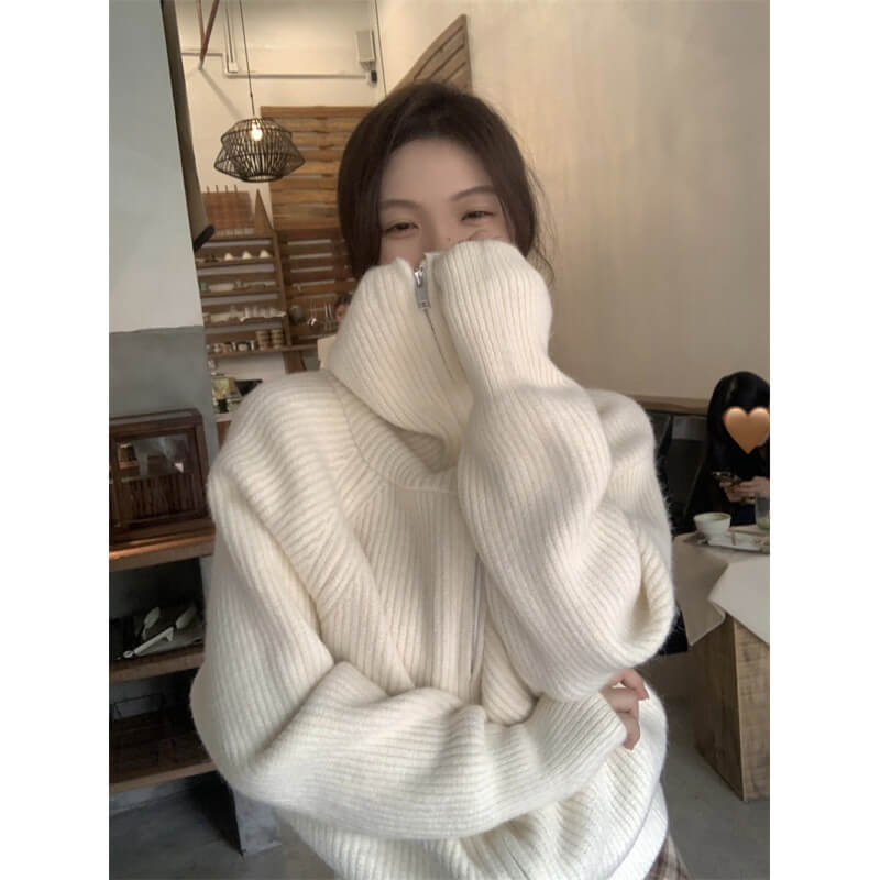 Navy collar zipper loose knit sweater coat