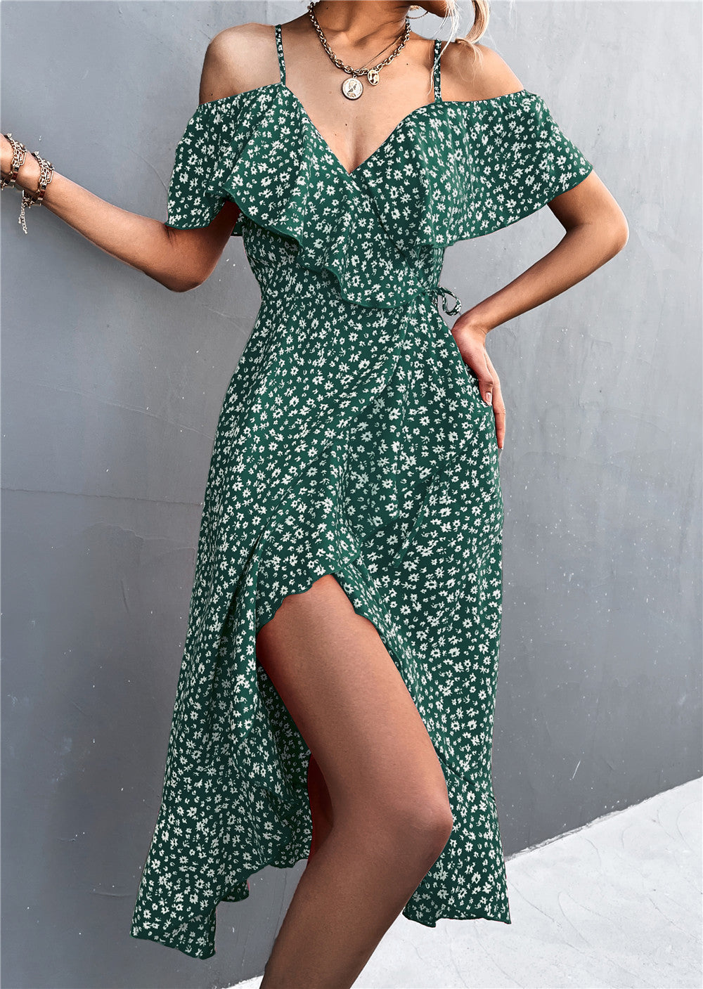 2025 Women's Summer Floral Maxi Dress with Lotus Leaf Sleeves, Sexy Backless Design with Slit - Perfect for Effortless Elegance