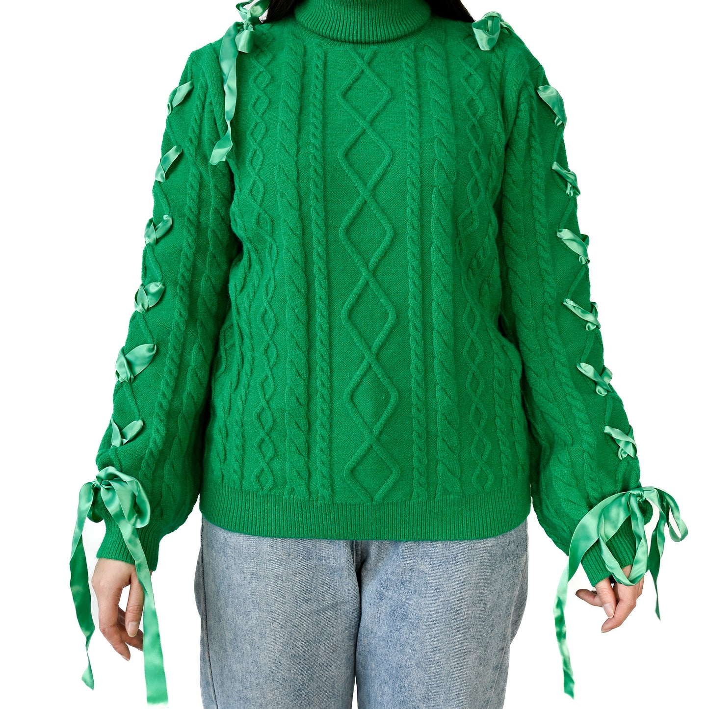 Y2K Revival! Women's Dark Green Sweater - Long Sleeve, High collar with Satin Ribbon & Lace - Up Bow - AMust - Have Knit Jumper