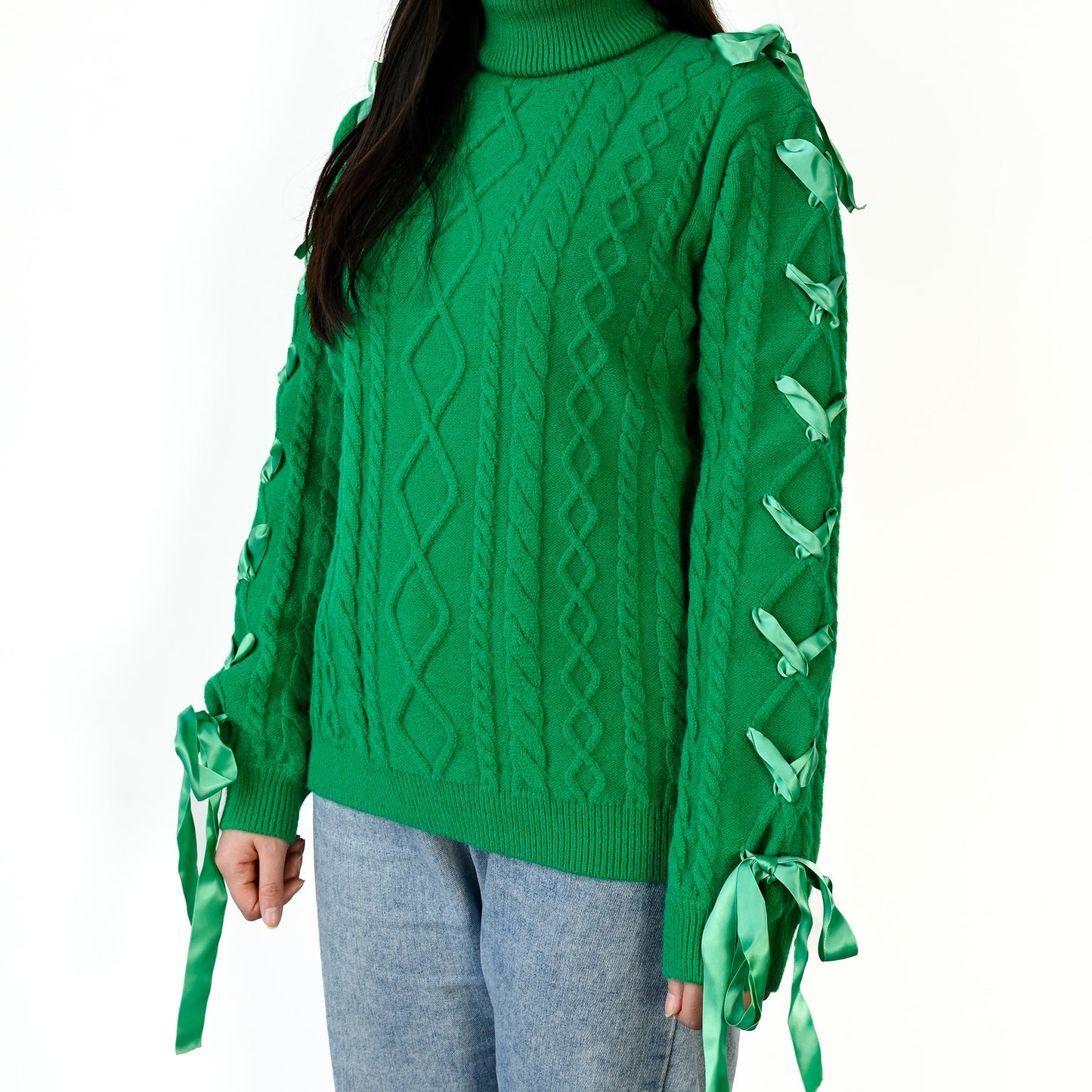 Y2K Revival! Women's Dark Green Sweater - Long Sleeve, High collar with Satin Ribbon & Lace - Up Bow - AMust - Have Knit Jumper