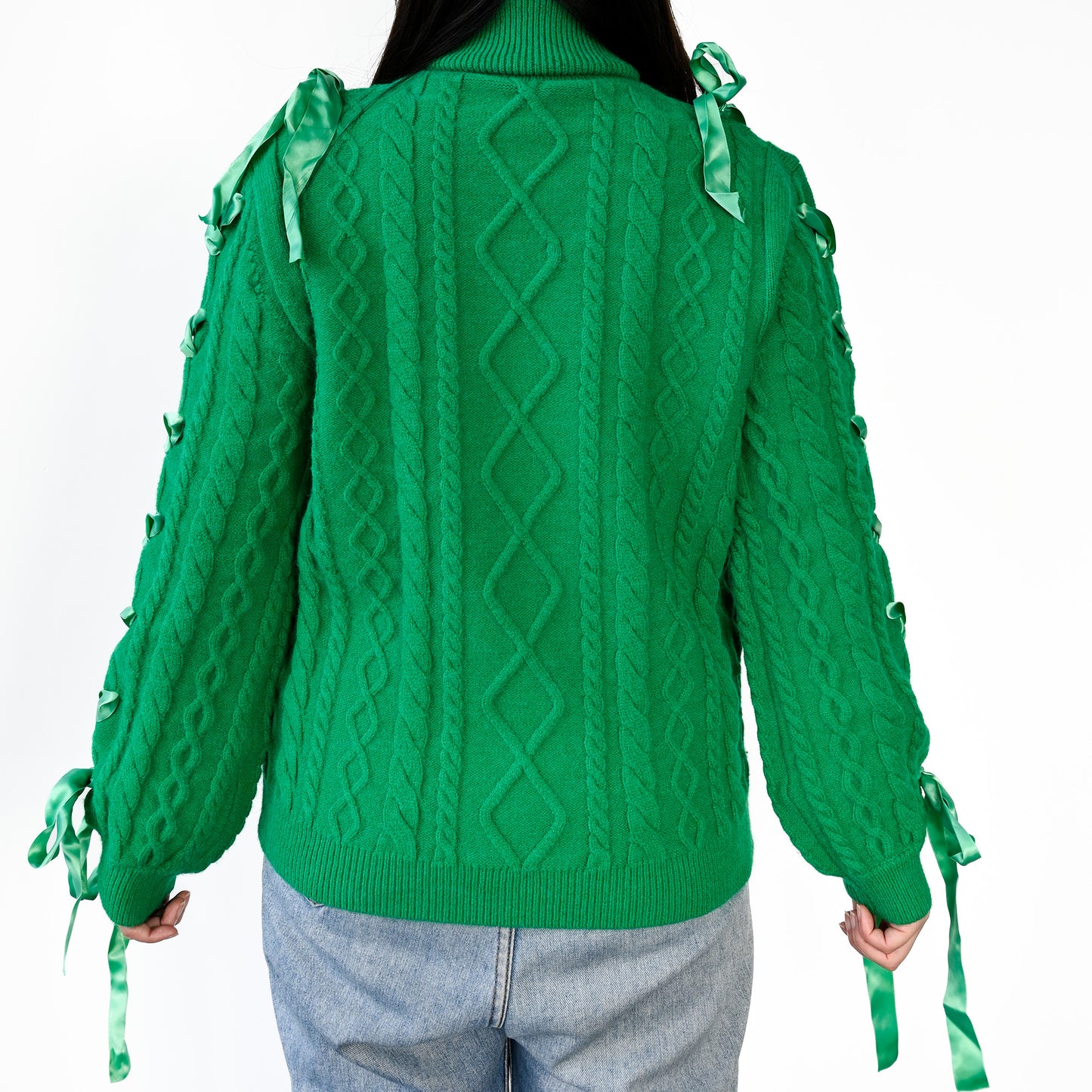 Y2K Revival! Women's Dark Green Sweater - Long Sleeve, High collar with Satin Ribbon & Lace - Up Bow - AMust - Have Knit Jumper