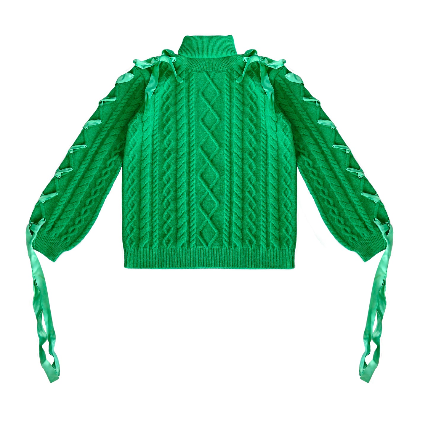 Y2K Revival! Women's Dark Green Sweater - Long Sleeve, High collar with Satin Ribbon & Lace - Up Bow - AMust - Have Knit Jumper
