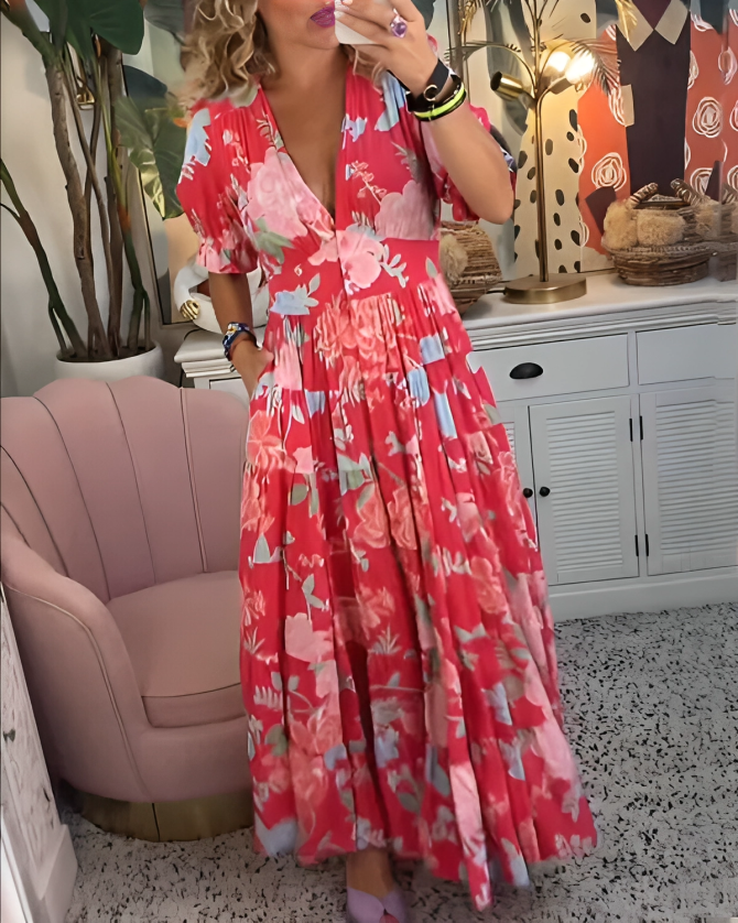 Popular Short Sleeve Print Maxi Dress