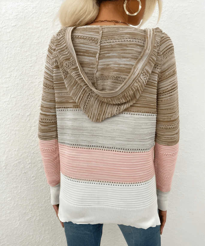 Sweet Tea Striped Open-Knit Long Sleeve Hooded Pullover