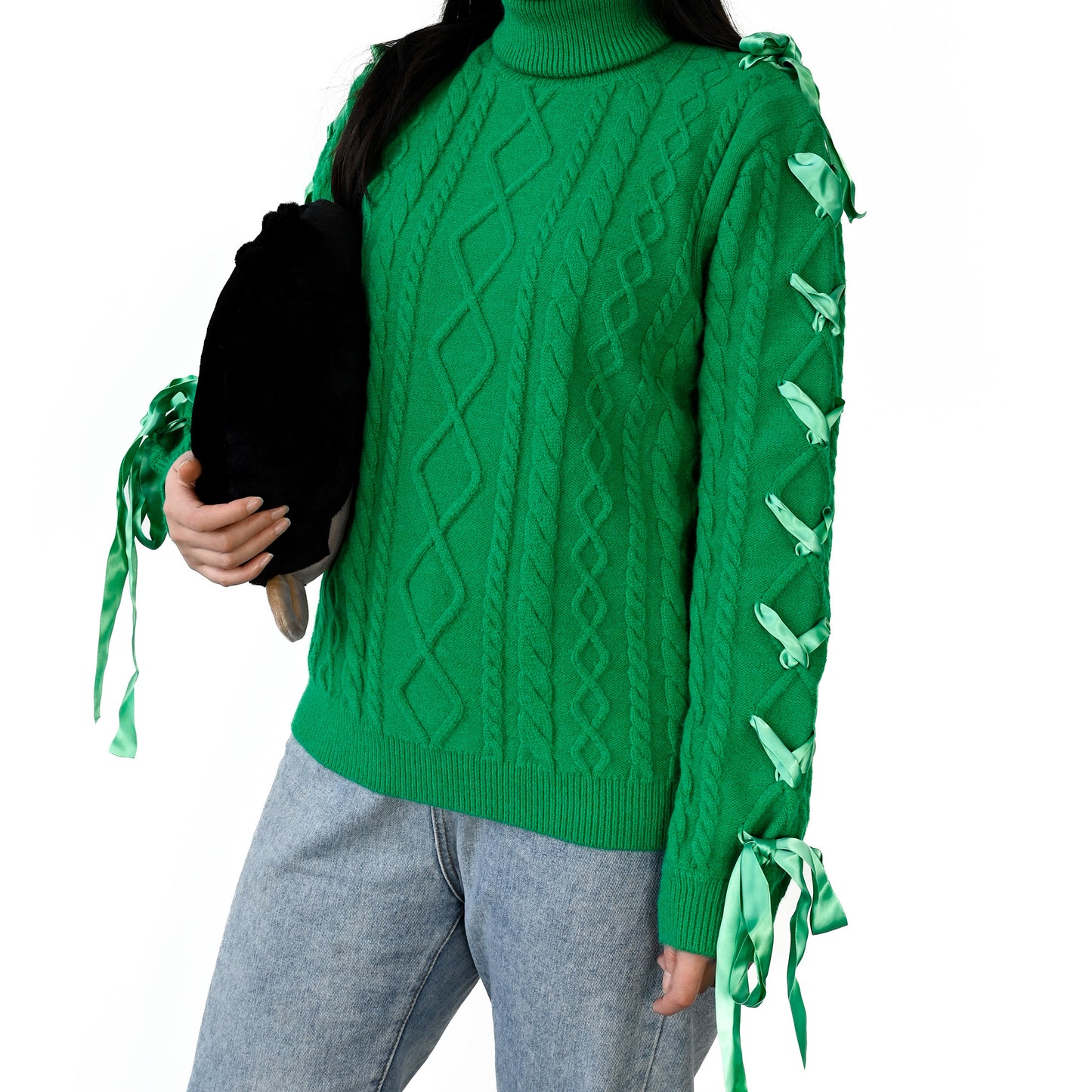Y2K Revival! Women's Dark Green Sweater - Long Sleeve, High collar with Satin Ribbon & Lace - Up Bow - AMust - Have Knit Jumper