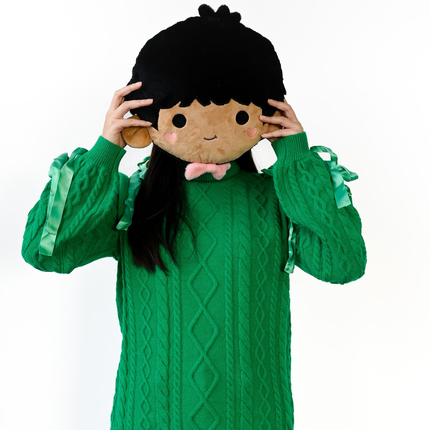 Y2K Revival! Women's Dark Green Sweater - Long Sleeve, High collar with Satin Ribbon & Lace - Up Bow - AMust - Have Knit Jumper