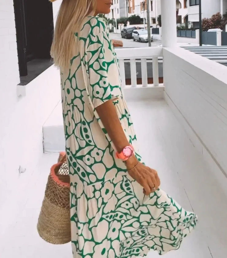 Green Short Sleeve Print Maxi Dress