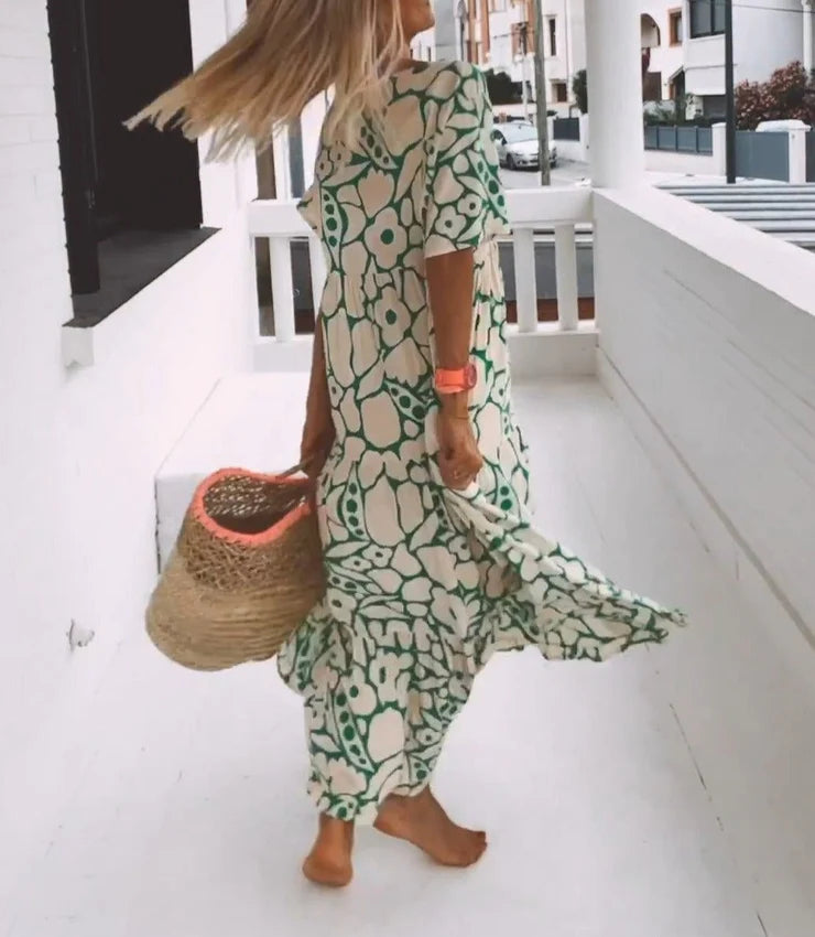 Green Short Sleeve Print Maxi Dress