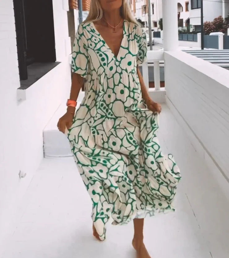 Green Short Sleeve Print Maxi Dress