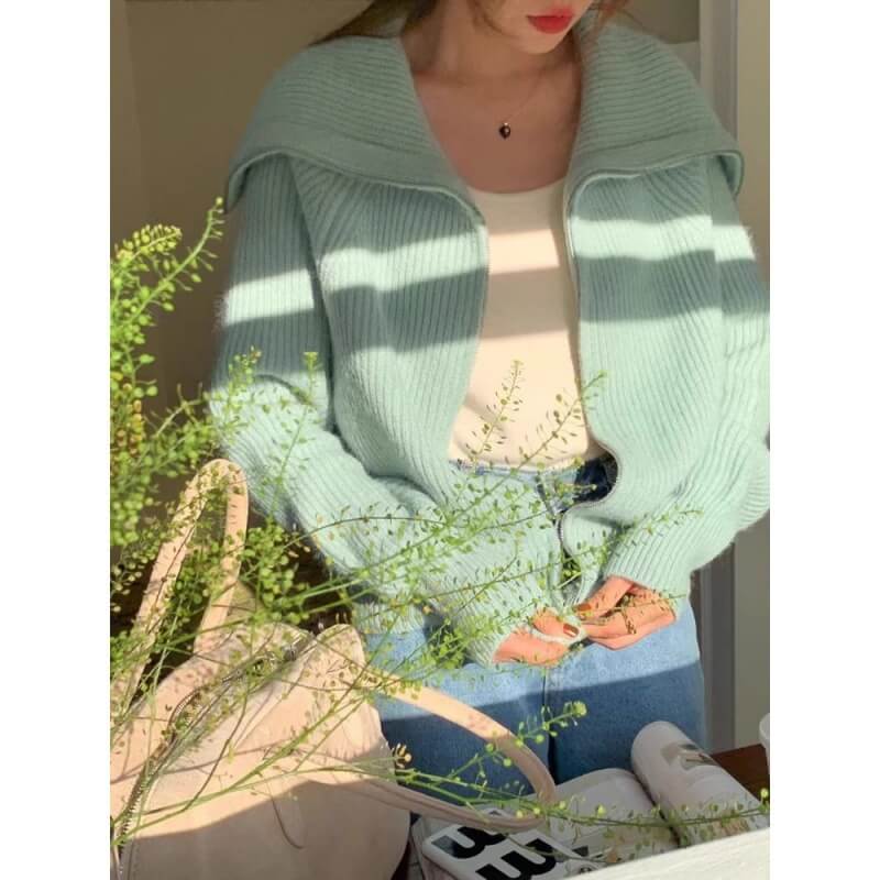 Navy collar zipper loose knit sweater coat