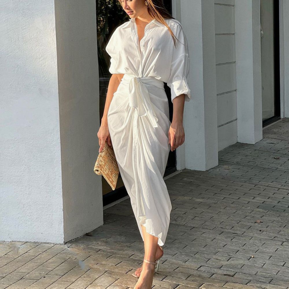 Solid Color Slim Pleated Shirt Dress
