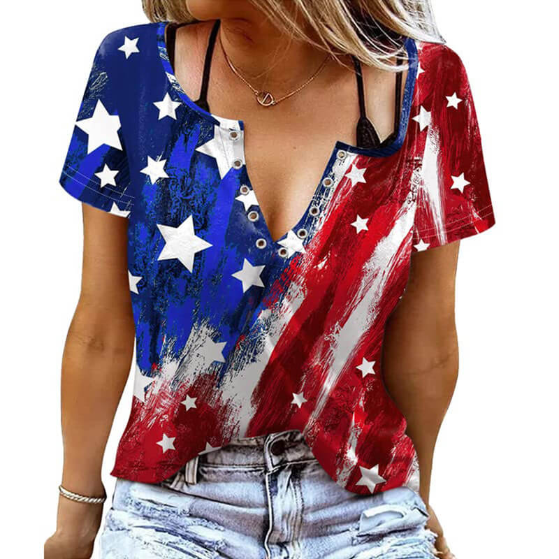 Independence Day Flag Print V-Neck Short Sleeve