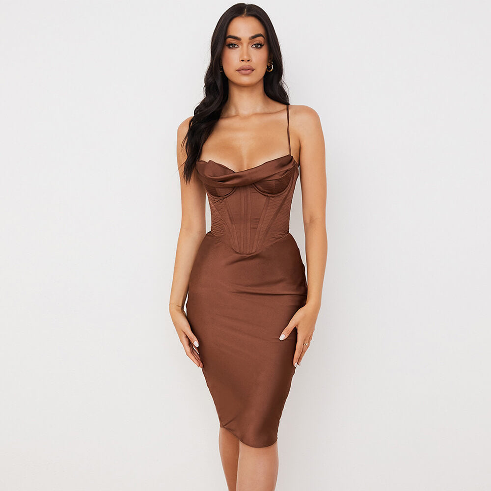 Fishbone Corset Halter Solid Colour Long Skirt