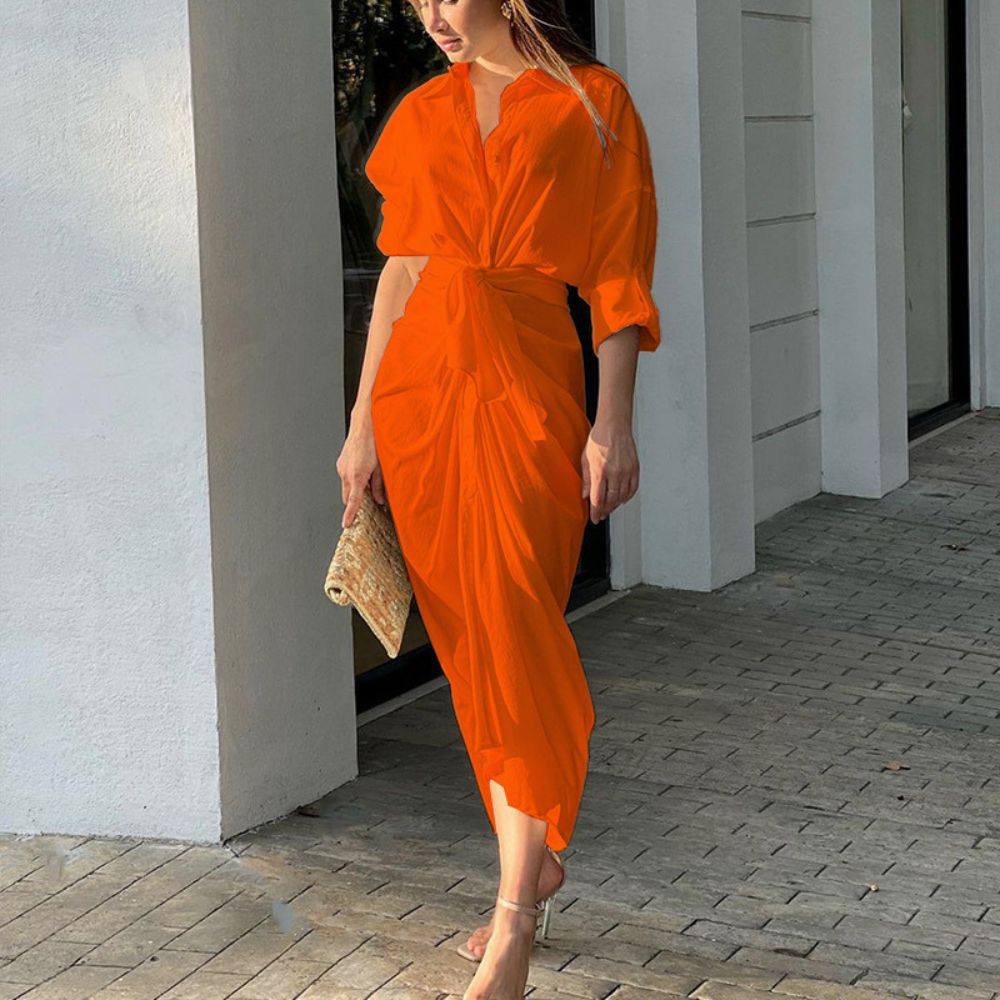 Solid Color Slim Pleated Shirt Dress