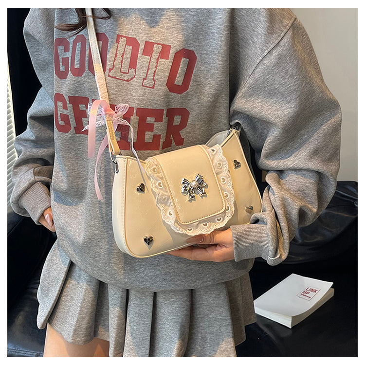 Sweet Spring - Summer PU Leather Handbags: Y2K Lace - Trimmed Bowknot Underarm Bags for Women