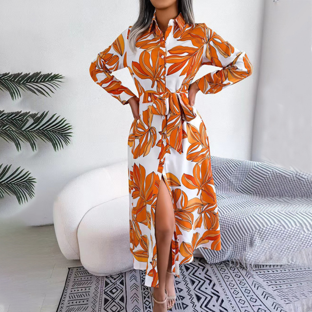 Floral Print Tie Waist Shirt Dress