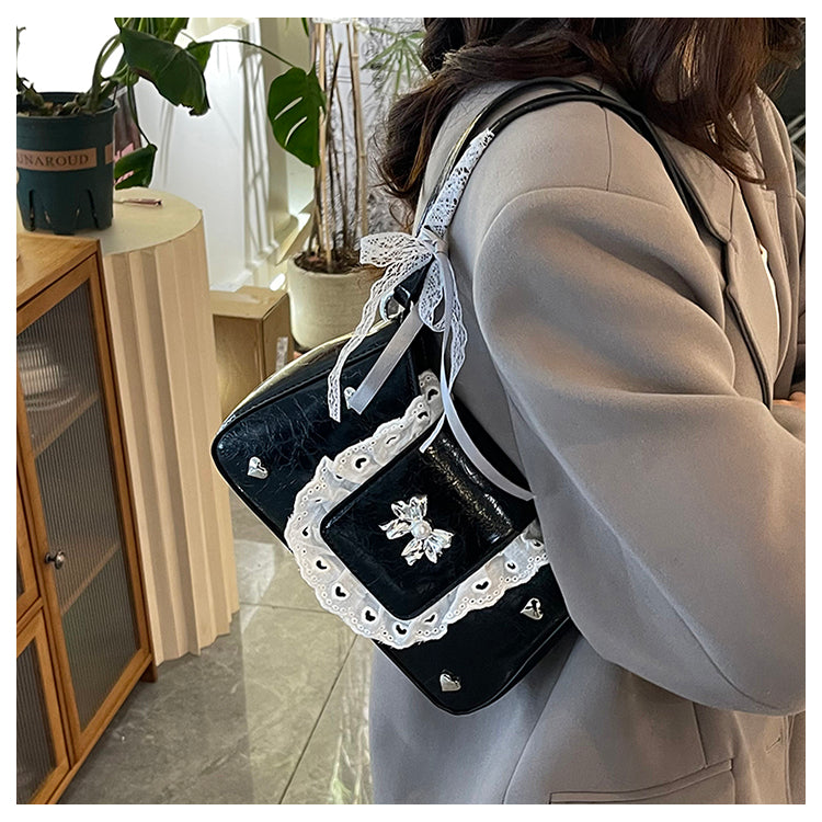 Sweet Spring - Summer PU Leather Handbags: Y2K Lace - Trimmed Bowknot Underarm Bags for Women