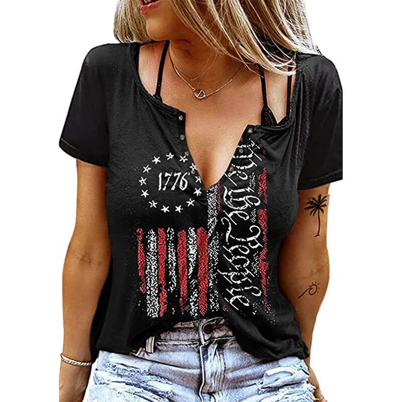 Independence Day Flag Print V-Neck Short Sleeve
