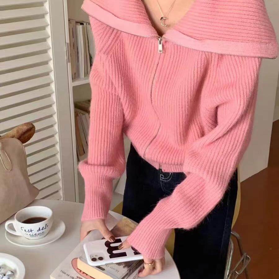 Navy collar zipper loose knit sweater coat
