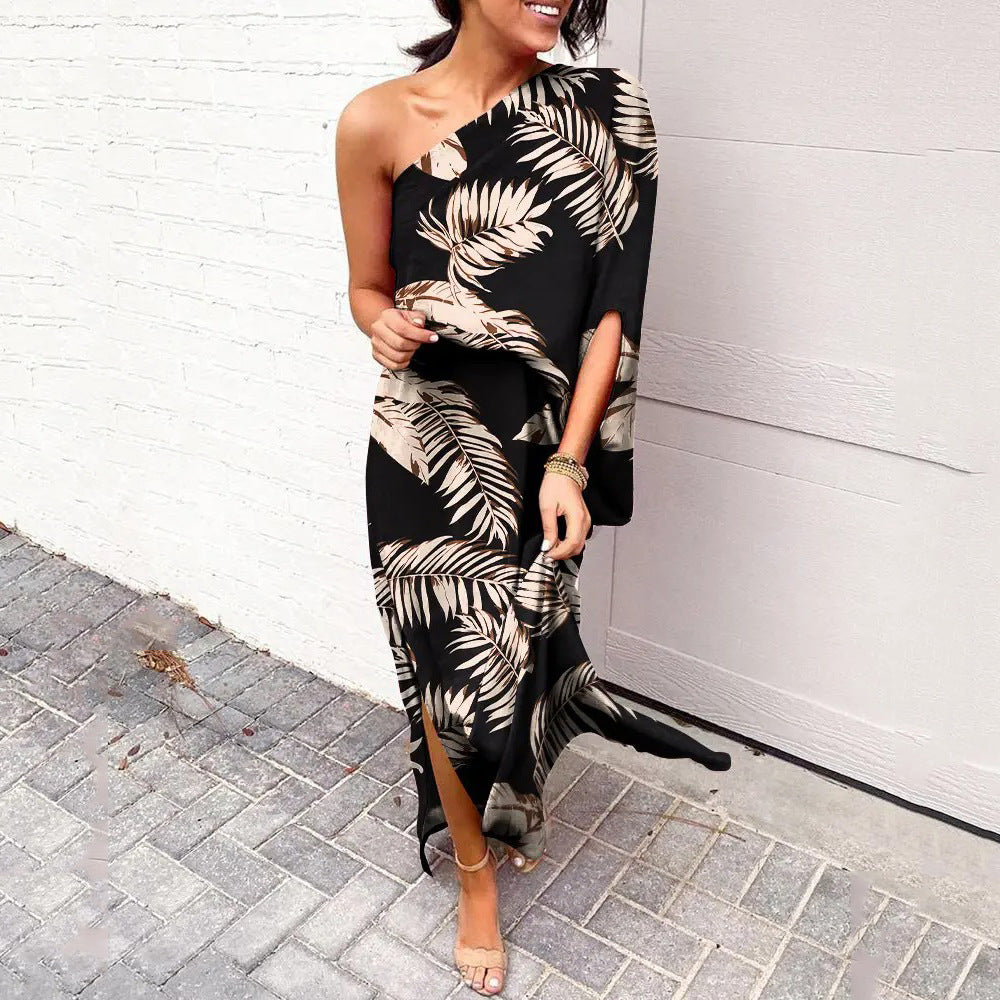 One Shoulder Maxi Dresses for Women 2025 Vacation Print Asymmetrical Flowy Boho Beach Wedding Guest Dresses