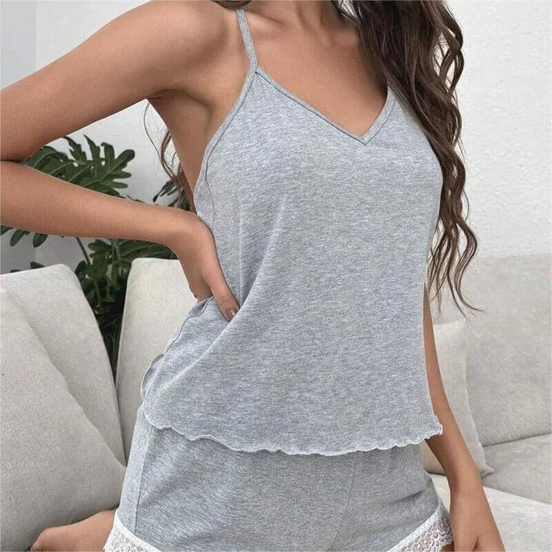 Sexy Solid Women's Crochet Lace Pajamas Sleeveless V-Neck Set