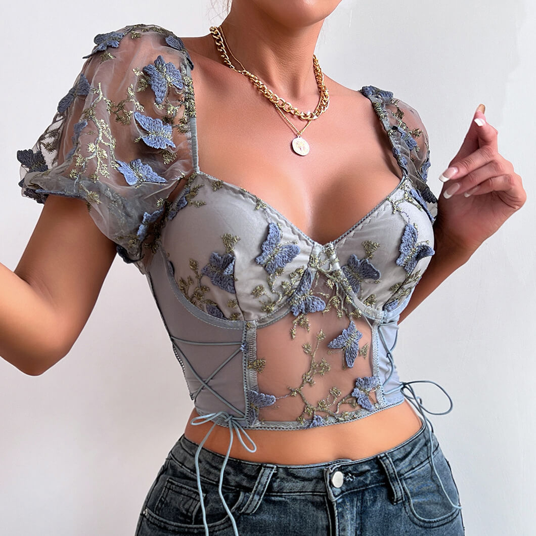 Butterfly Embroidery Backless Mesh Camisole