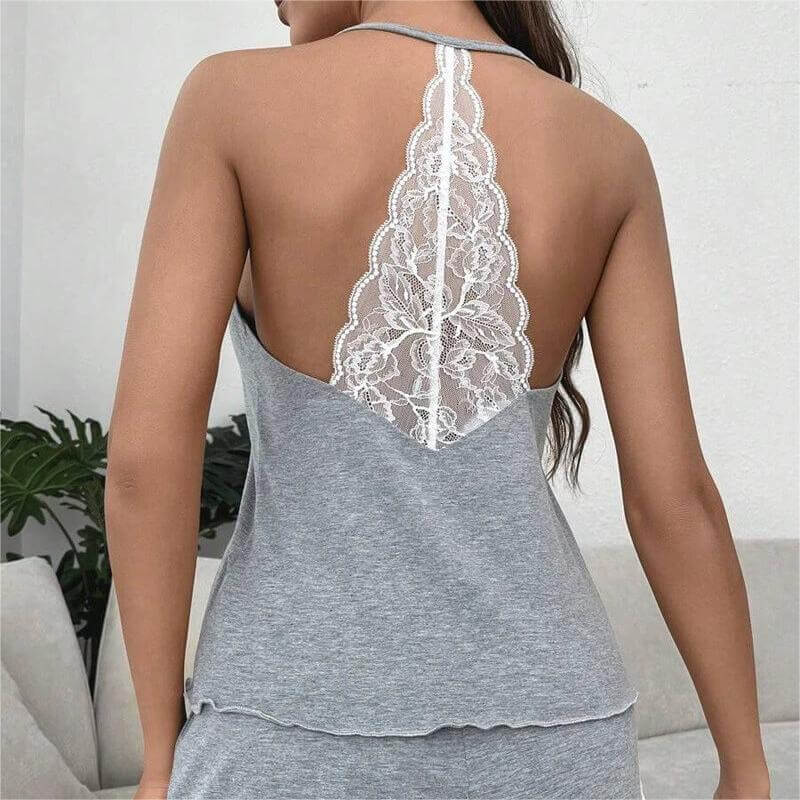 Sexy Solid Women's Crochet Lace Pajamas Sleeveless V-Neck Set