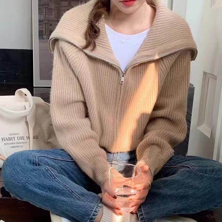 Navy collar zipper loose knit sweater coat