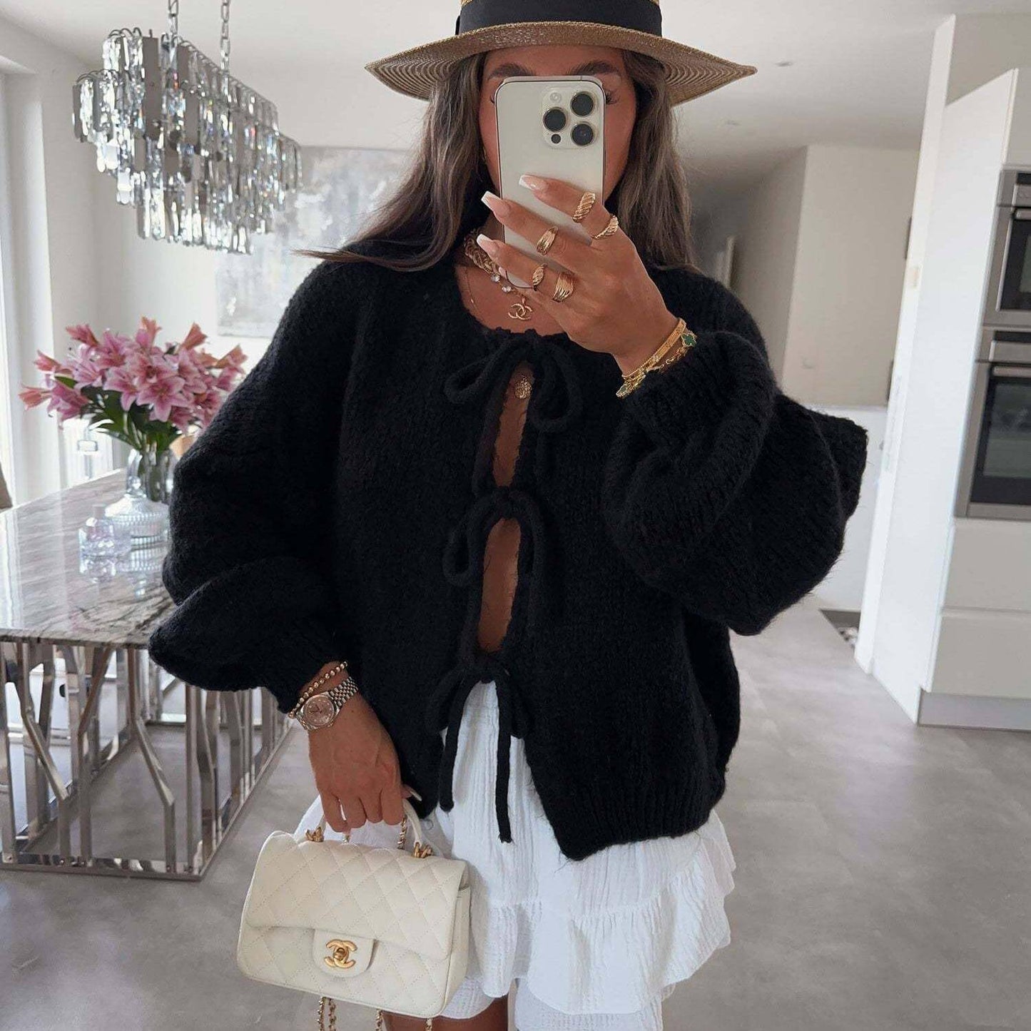 Solid Color Round Neck Tie Knit Cardigan Jacket
