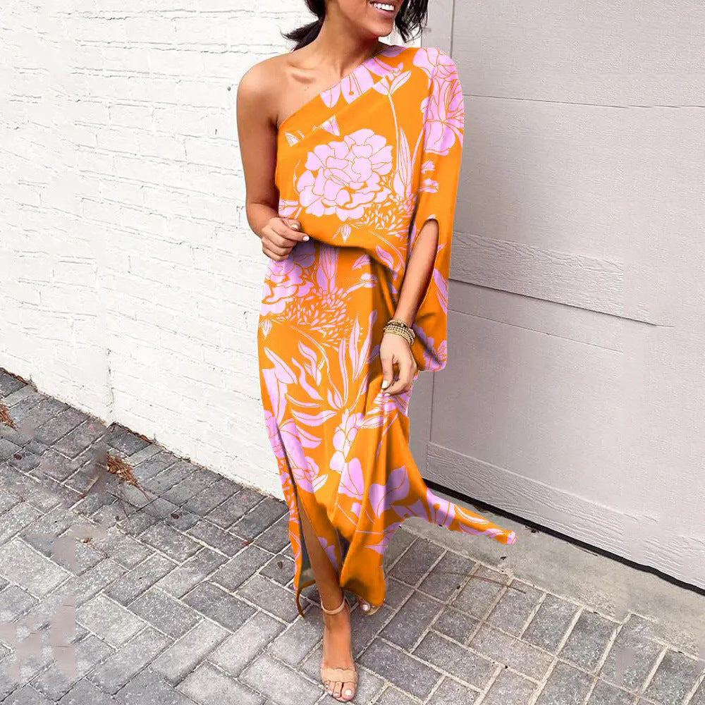One Shoulder Maxi Dresses for Women 2025 Vacation Print Asymmetrical Flowy Boho Beach Wedding Guest Dresses