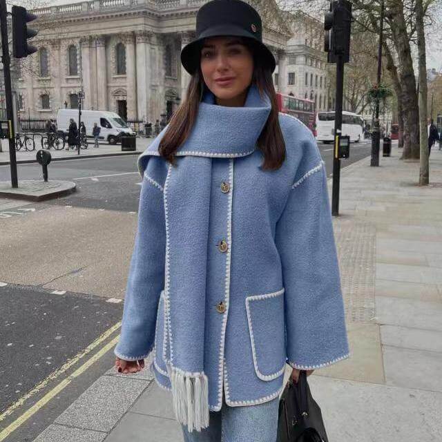 Tweed Jacket Thickened Loose With Scarf Fringe