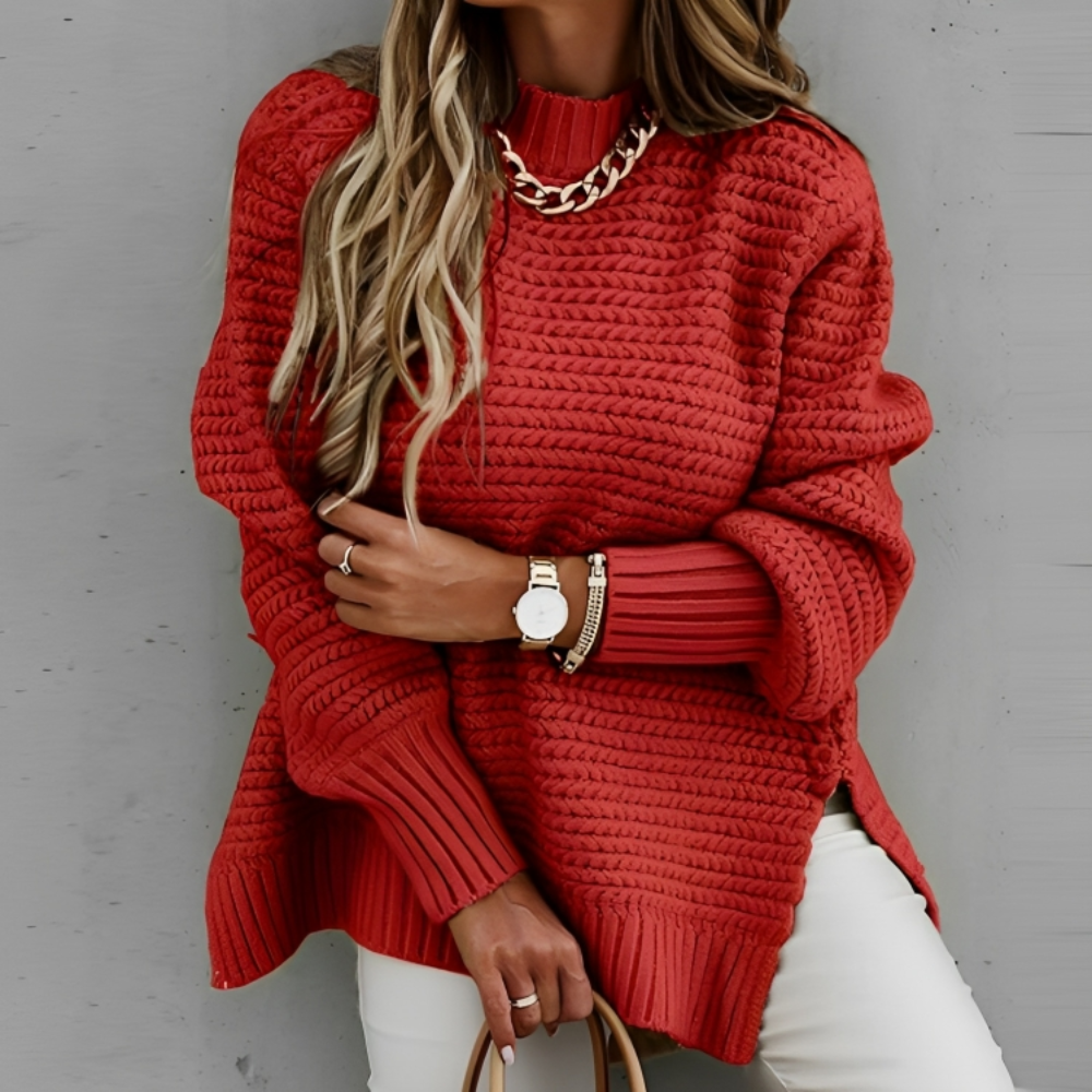 Long Sleeve Mock Neck Split Hem Sweater