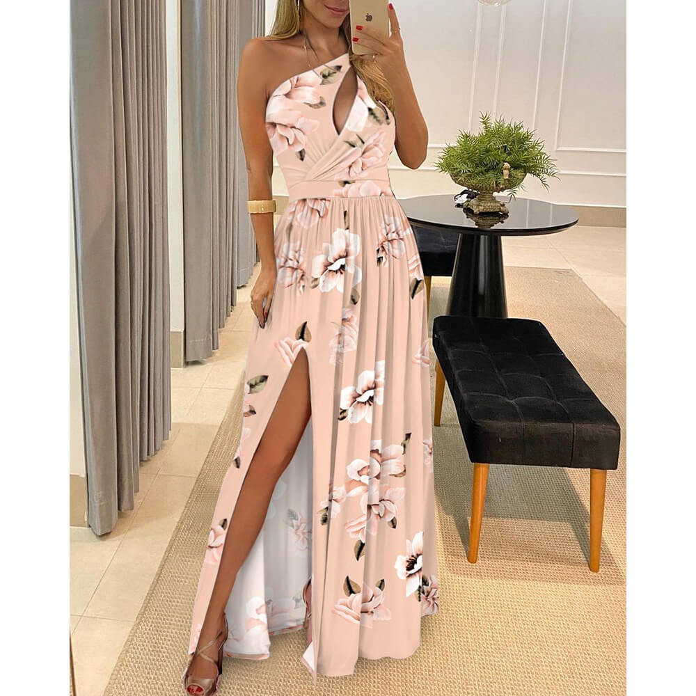 One Shoulder Slit Maxi Party Dress
