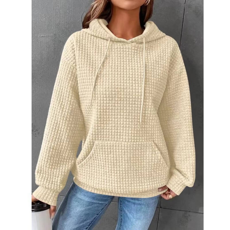 Solid Color Waffle Round Neck Long Sleeve Sweatshirt